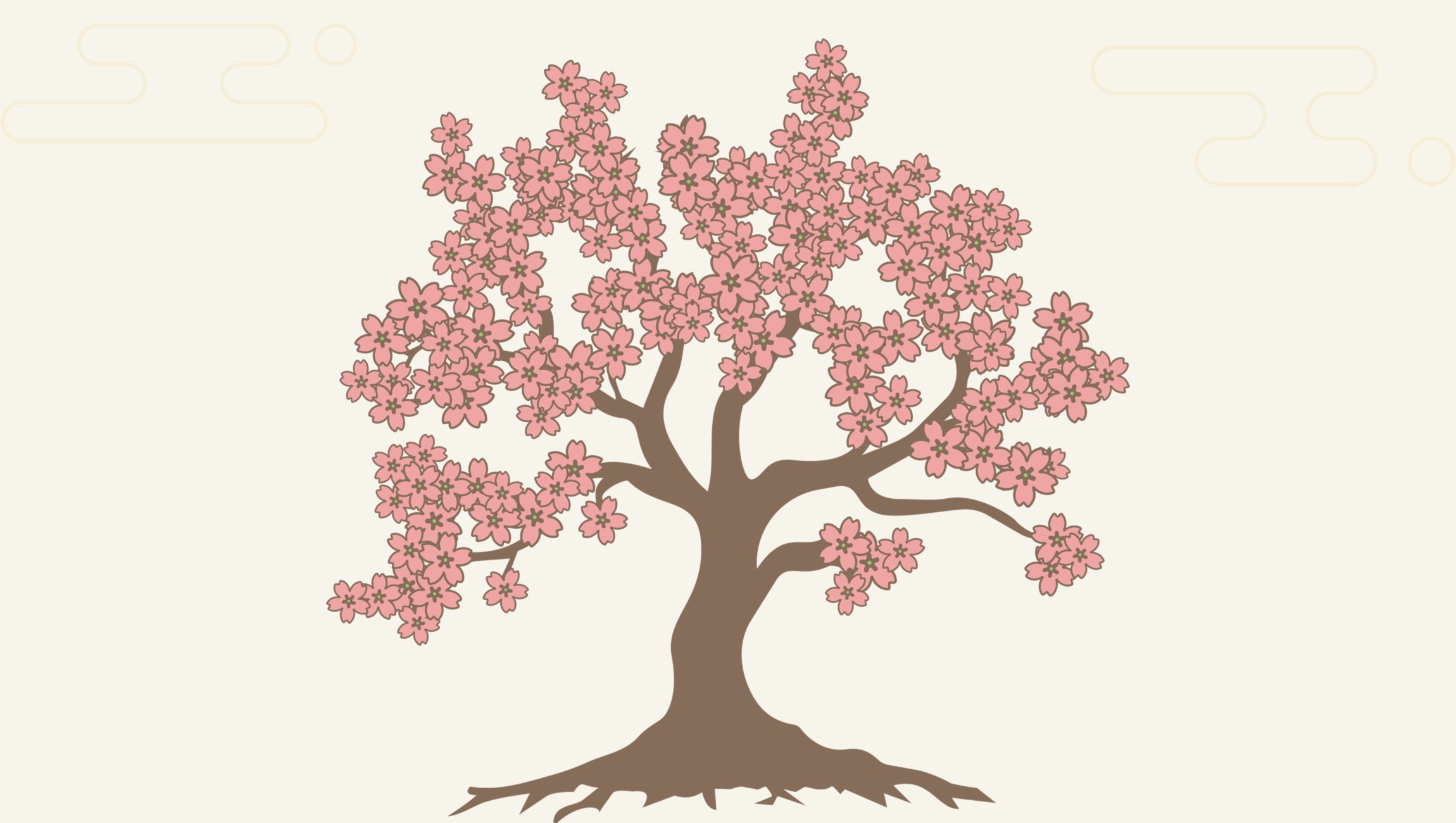 The lobby mural: a cherry tree in full blossom, clouds in the corners