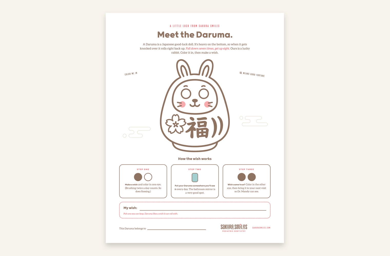 Meet the Daruma: a coloring sheet with the meaning and the wish ritual, on letter paper